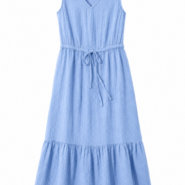 Light Blue Crinkled Drawstring Waist Midi Dress
